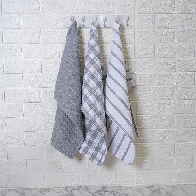 Blue Needles Waffle Weave Kitchen Towels, 15x25 Inches 100% Cotton Set of 6 Dish Cloths for Kitchen, Ultra Soft & Absorbent with Hanging Loop, Dish Rags for Quick Drying, Assorted - Ash Grey