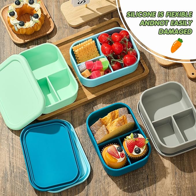 Layhit 4 Pcs Silicone Bento Box for Adults, 27 oz Bento Lunch Container Reusable 3 Compartment Lunchable Food Container for Women Men, Leak Proof Microwave Dishwasher Freezer Safe (Cool Colors)