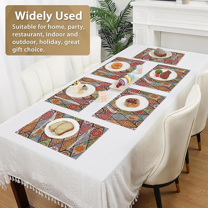 Set of 6 Washable Colorful Bohemian Placemats Non-Slip Heat-Resistant 12x18 Inch Thick DecorativeLinen Table Mats for Dining Table Home Décor