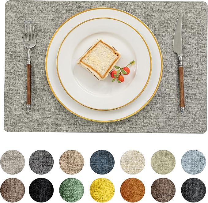Romanstile Vinyl Placemats Set of 4-12 X 17 Inch - Faux Leather 100% Waterproof Oil-Proof Wipeable Place Mats, Heat Resistant Reversible PU Table Mats for Kitchen Dining Party Outdoor, Light Grey