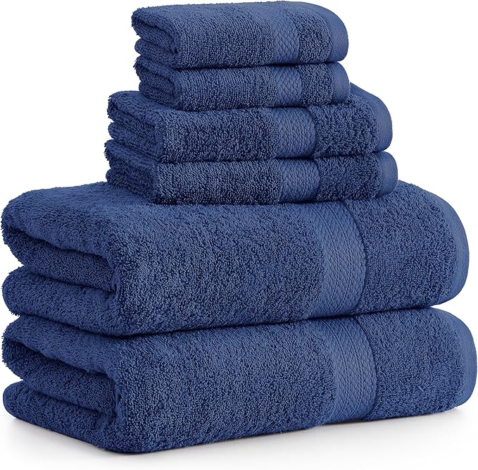 LANE LINEN Luxury Cotton Bath Towel Set - 6 Piece - Low Twist, Soft & High Absorbency - 2 Bath, 2 Wash cloths, 2 Hand Towels - Classic Hotel Quality, Durable & Ideal for Modern Bathrooms - Navy Blue