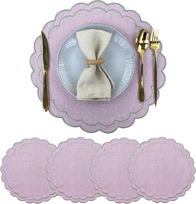 Linen Cotton Placemats Set of 4 Scalloped Flower Embroidery Place Mats 15'' Natural Linen Texture Fabric Machine Washable Table Mats for Restaurant Kitchen,Table Decor(Lilac)