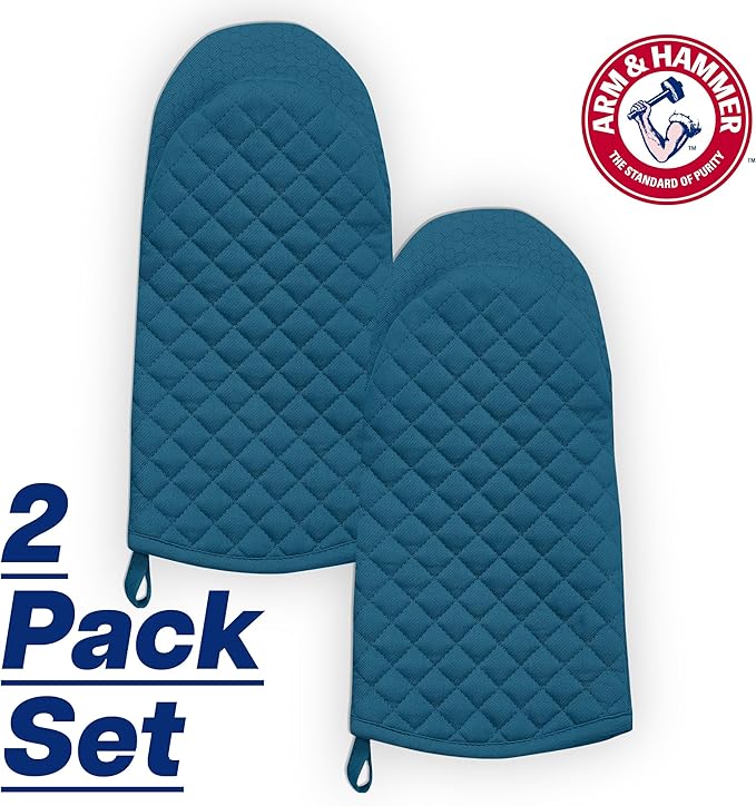 Arm & Hammer Quilted Oven Mitts, Heat Resistant, Non-Slip Silicone Grip, 2 Pack, Navy