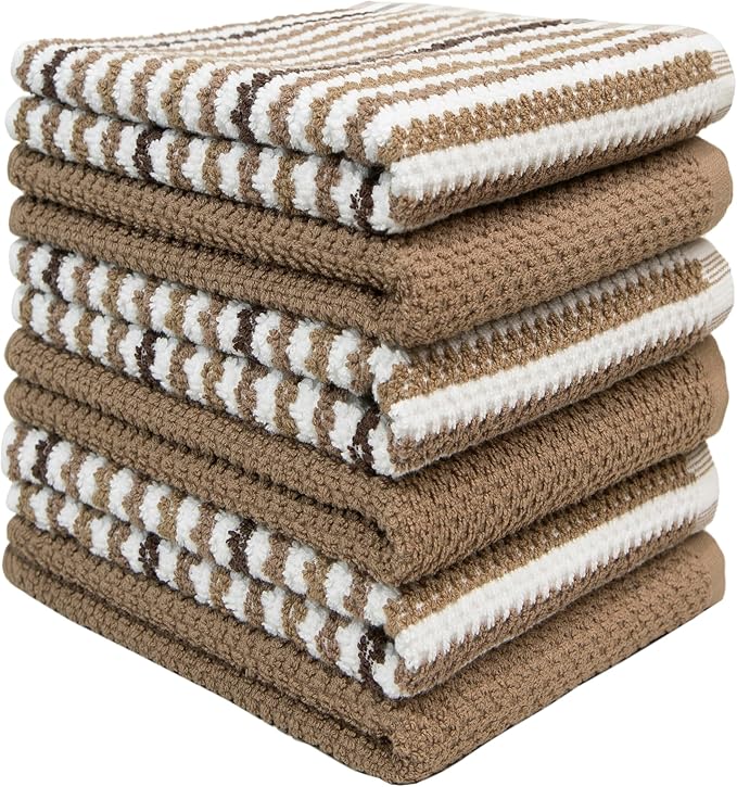 Premium Kitchen Towels (16”x 26”, 6 Pack) | Large Cotton Kitchen Hand Towels | Popcorn Striped Design | Dish Towels | 430 GSM Highly Absorbent Tea Towels Set with Hanging Loop | Tan