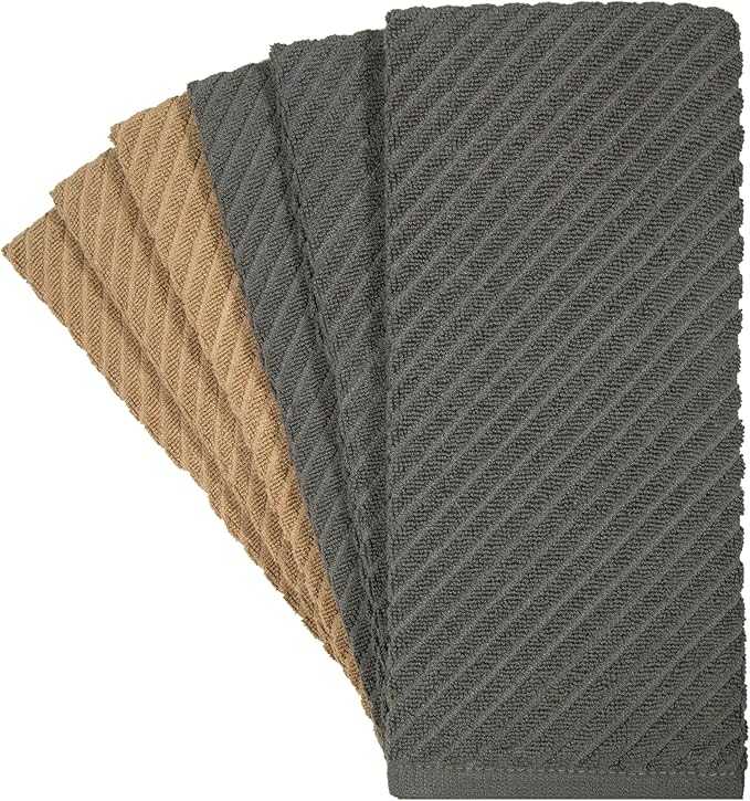 Premium Kitchen Towels (16”x 25”, 6 Pack) | Large Cotton Kitchen Hand Towels | Dish Towels | Diagonal Weave Design | 445 GSM Highly Absorbent Tea Towels Set with Hanging Loop | Grey & Tan