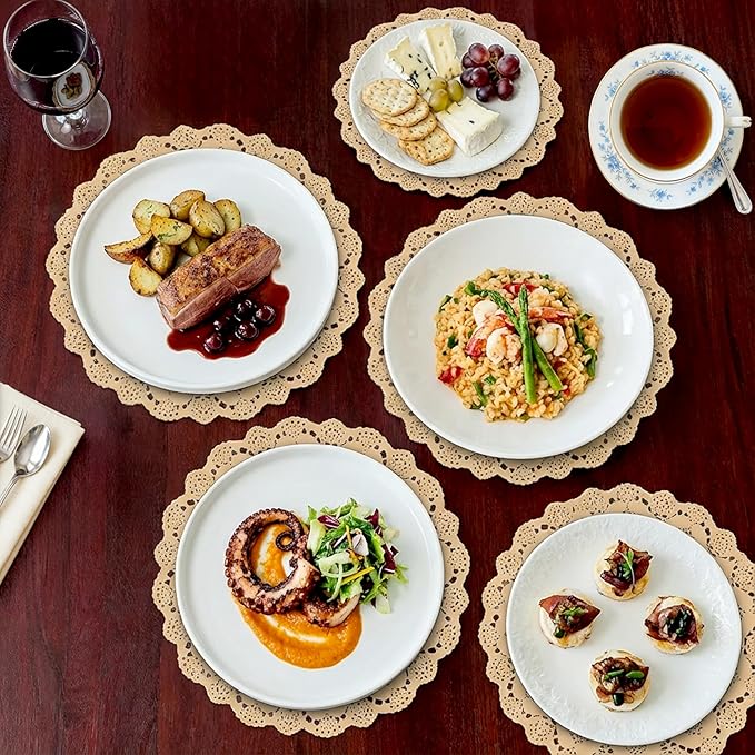 Juvale Paper Placemats - 12-Inch Round, Brown, 250 Count - Disposable Placemats & Lace Doilies - Paper Chargers for Dinner Plates - Tea Party Decorations & Wedding Table Decor