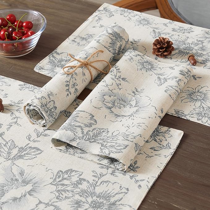 JINCHAN Floral Placemats Set of 4 Farmhouse Linen Placemats Cloth Table Mats Holiday Seasonal Rustic for Kitchen Dining Table Decor Heat Resistant Washable Tablemats 13x19 Inch Gray