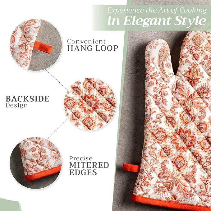 Maison d' Hermine 100% Cotton Oven Mitt & Pot Holder Set (7.5"x13" & 8"x8") Heat Resistant BBQ Cooking Gloves with Loop for Thanksgiving Christmas Decorations Handling Hot Pans (Cachemire)