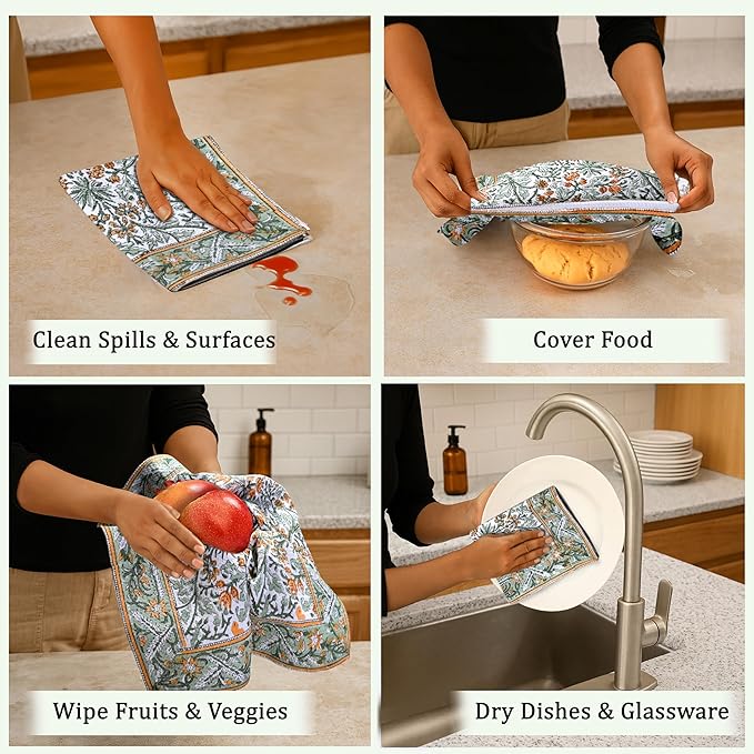 Ridhi Goldenrod Yellow Hand Block Print Waffle Kitchen Towel Set of 3-16 x28 Ultra Absorbent Quick Dry 100% Cotton Dish Towels Lightweight Reusable Sustainable Tea Towels for Cleaning and Drying