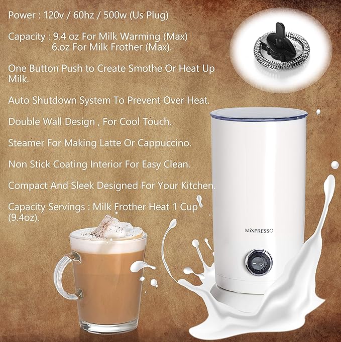 Mixpresso Electric Milk Frother, Stainless Steel Milk Steamer & Milk Warmer, Automatic Shutoff, Non-Stick Interior, Cool Touch, 9.4 oz/6.0oz Capacity, White Electric Frother
