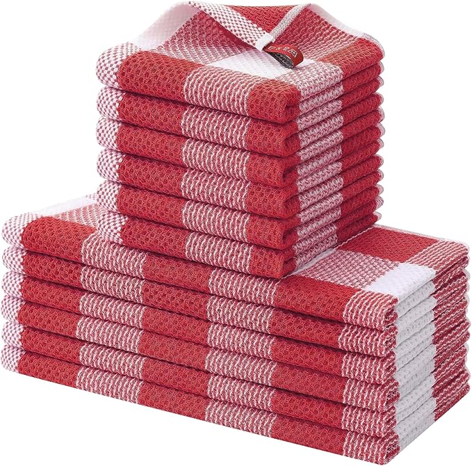 Homaxy Kitchen Towels and Dishcloths Set, 12 x 12 and 13 x 28 Inches, Set of 12 100% Cotton Waffle Weave Check Plaid Kitchen Dish Towels, Super Soft and Absorbent Dish Cloths, White & Red