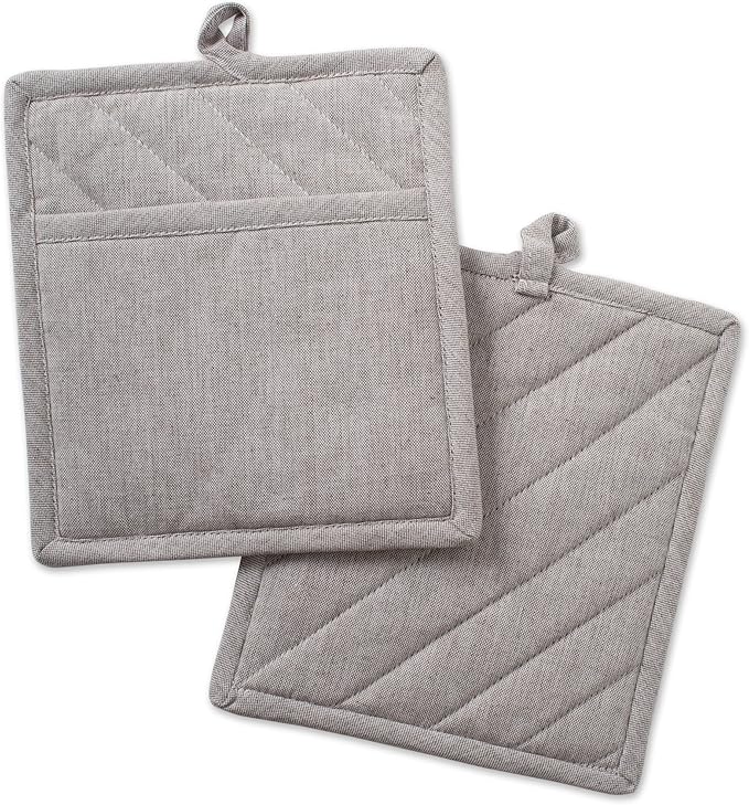 DII 100% Cotton Solid Chambray Kitchen Set, Potholders, Stone, 2 Piece