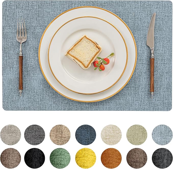 Romanstile Vinyl Placemats Set of 4-12 X 17 Inch - Faux Leather 100% Waterproof Oil-Proof Wipeable Place Mats, Heat Resistant Reversible PU Table Mats for Kitchen Dining Party Outdoor, Sky Blue