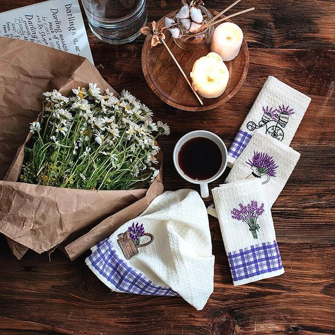 Lavien Home Cotton Kitchen Towels Set of 4 - Lavender Embroidered Tea Towels, Absorbent and Soft Waffle Weave with Plaid, 16x24 inches