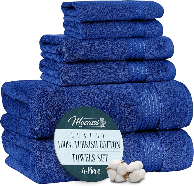 Mocassi Luxury 100% Turkish Cotton 6-Piece Towel Set - Ultra Soft, Quick Dry Highly Absorbent Premium Spa Hotel Quality Bath Towels, Includes 2 Bath Towels, 2 Hand Towels and 2 Washcloths, Royal Blue