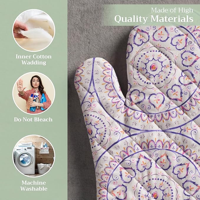 Maison d'Hermine Oven Gloves 100% Cotton Oven Mitt 7" x 13" with Loop Heat Resistant BBQ Cooking Gloves Baking Grilling Gifts for Mothers Day Spring/Summer (Pack of 1, Mandala)
