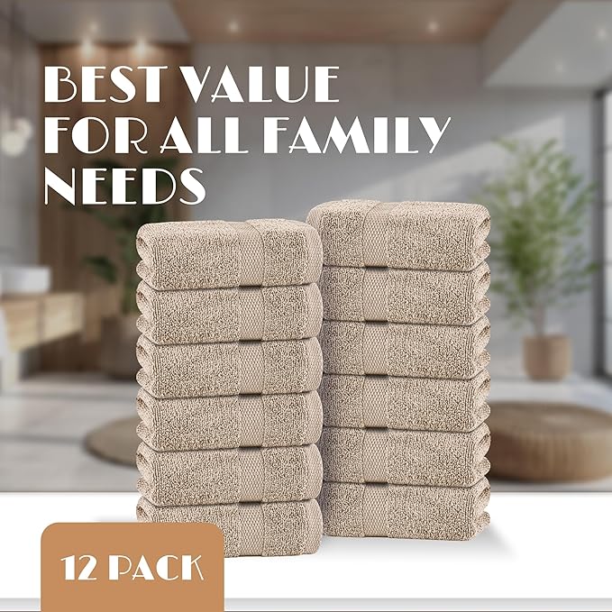 White Classic Taupe Washcloths Set for Body and Face Towel, Cotton Wash Cloths Bulk 12 Pack, Spa Fingertip Wash Clothes 12x12 Inch, Soft Absorbent Gym Towels