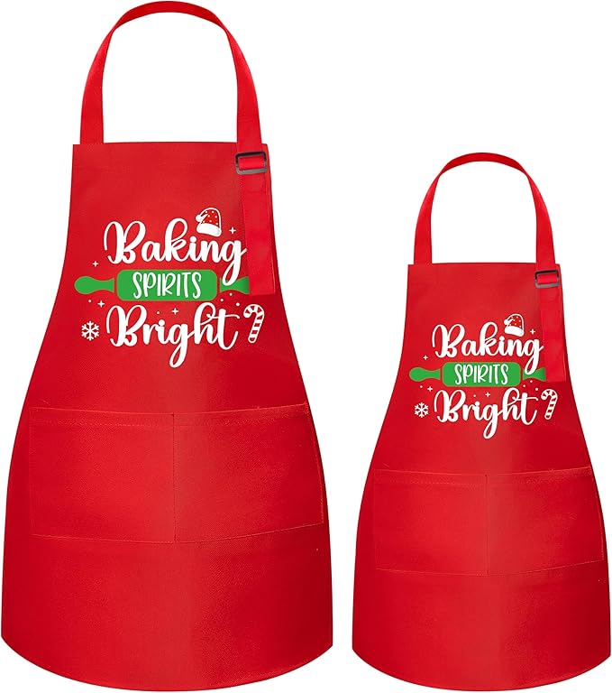 R HORSE 2Pcs Christmas Adult Kids Apron Costume Set, Mommy and Me Adjustable Kitchen Apron with 2 Pockets, Grandma and Me Matching Gift for Women Kid Cooking Baking Painting Training Gardening