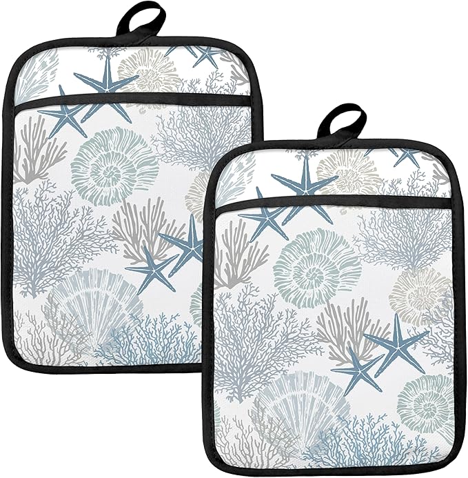 Coastal Beach Seashell Coral Starfish Oven Mitts Set, Ocean Beach Gifts for Women, Blue Heat Resistant Kitchen Oven Gloves for Baking and Cooking,Pot Holders