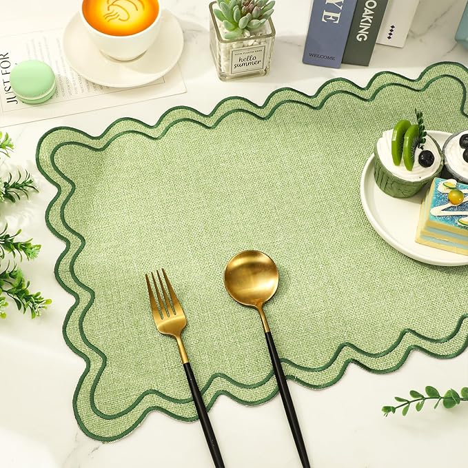 Whaline Green Placemats Embroidered Scalloped Kitchen Place Mats for Spring Baby Shower Party Home Dining Table Decor, Set of 6, 13 x 19 in