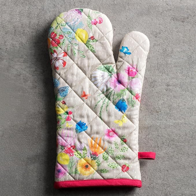 Maison d'Hermine Oven Gloves 100% Cotton Oven Mitt 7" x 13" with Loop Heat Resistant BBQ Cooking Gloves Baking Grilling Gifts for Mothers Day Spring/Summer (Pack of 1, Jardin D'Ete - Fog)