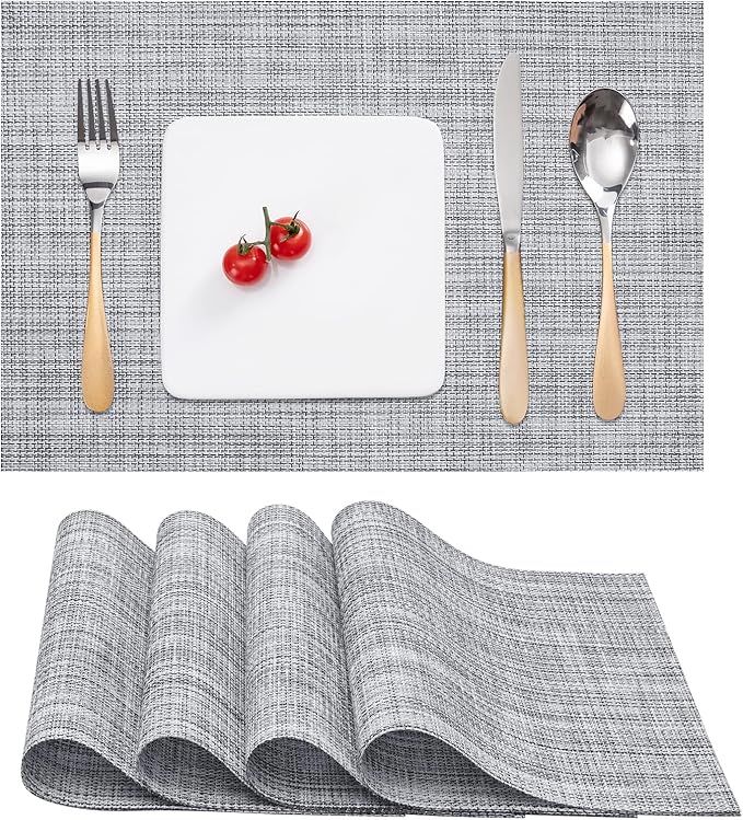 Myir JUN Placemats Set of 4, Vinyl Woven Placemats Place Mats Indoor Set of 4 Washable Table Mats Non-Slip Place mats for Dining Table (Light Gray, Set of 4)