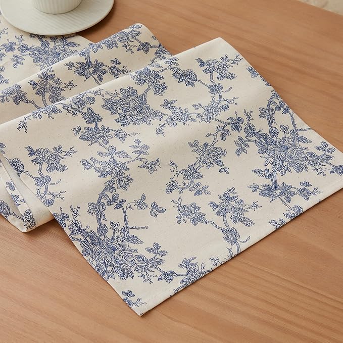 100% Cotton French Pastoral Table Runners, 13x72 Inch Blue Farmhouse Table Runners 72 Inches Long, Vintage Flowers Print Home Decors