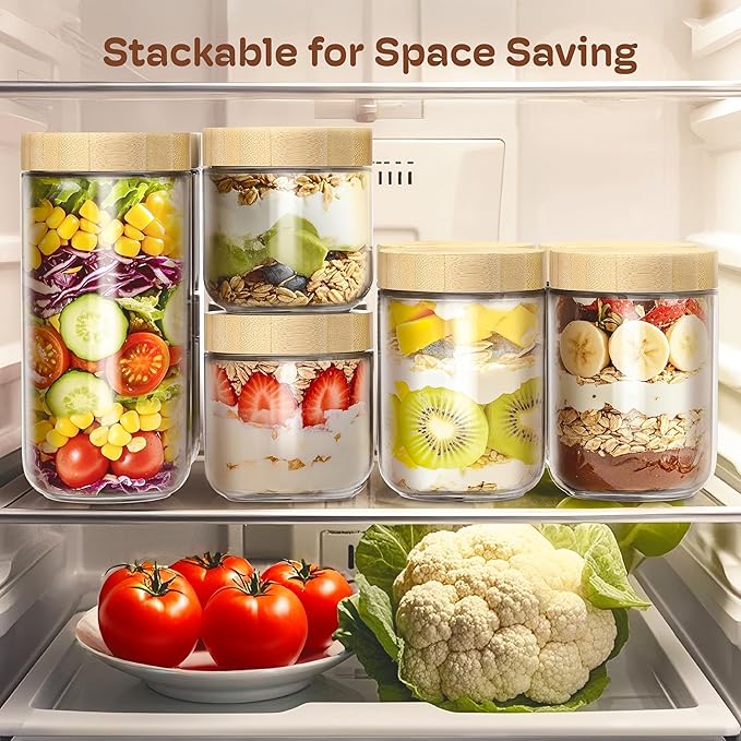 2 Pack 16oz Overnight Oats Containers with Bamboo Lids, Glass Jars with Airtight Lids for Meal Prep, Wide Mouth Mason Salad Jars, Glass Food Storage Container for Yogurt Chia Snacks Spice Sugar