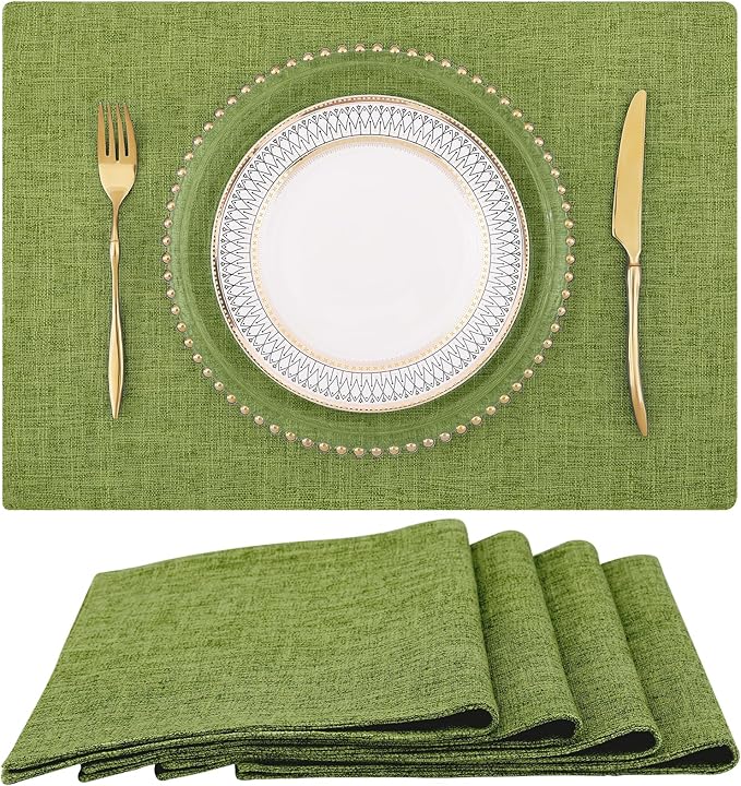 homing Cotton Linen Placemats Set of 4, Cloth Washable Farmhouse Dining Table Mats for Indoors & Outdoors, Easy to Clean, Grass Green, 13 x 19 Inch
