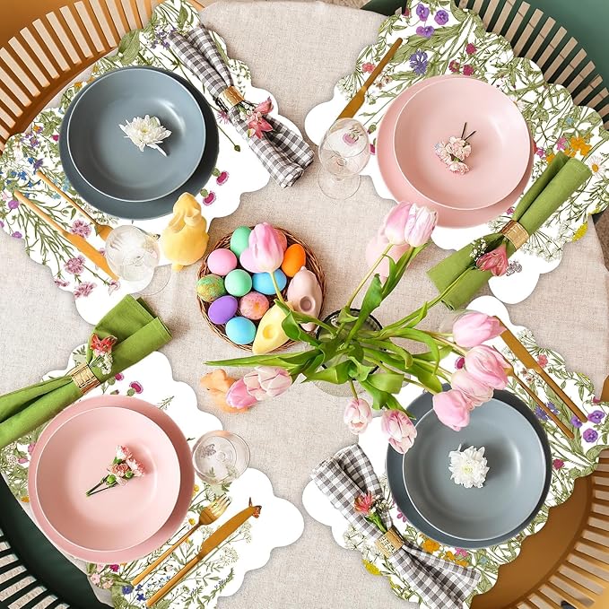 Spring Placemats Set of 6 Flower Plastic Table Mats Wild Flowers Place Mats Retro Flower Table Decoration for Indoor Outdoor Party Kitchen Dining Decoration