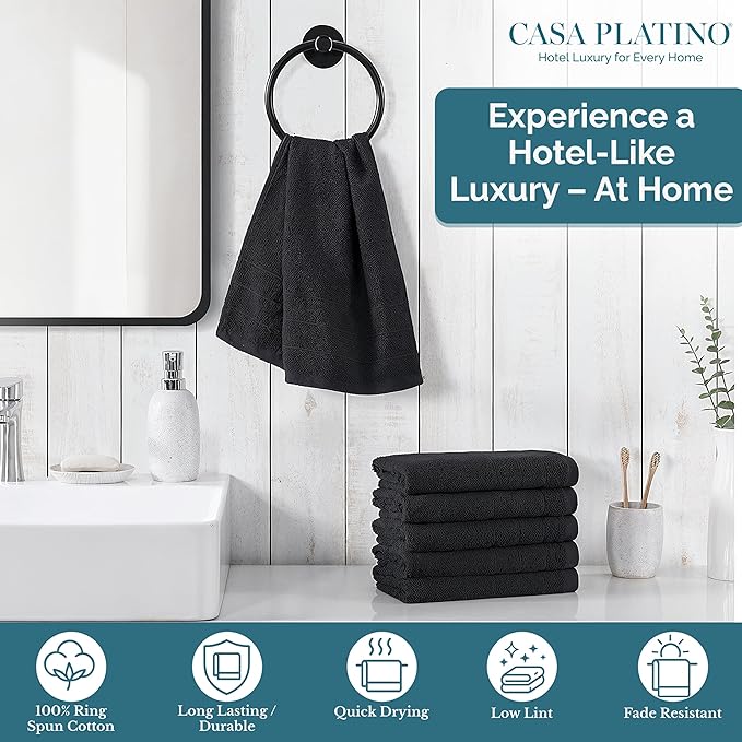 Black Hand Towels for Bathroom - 6 Pack (16"x28"), 100% Ringspun Cotton Hand & Face Towel - Soft, Prevent Fraying, Fade and Shrink Resistant - Daily Use Gym Towels for Men & Family Bathroom Hand Towel