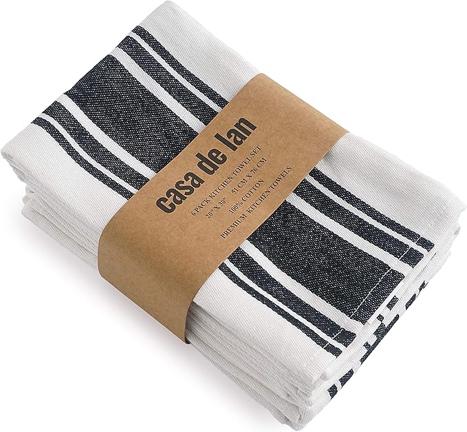Kitchen Towels Set – Pack of 6 (20’’ x 30’’) Extra Large Premium Cotton Dish Towels for Kitchen – Super Striped Towels – Absorbent – 100% Cotton – with Hanging Loop – Black