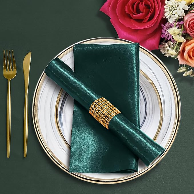 100 Pack Dark Green Satin Napkins and Napkin Rings Set, 12 x 12 Inch Silky Soft Cloth Napkins Set of 50, Square Satin Dinner Table Napkins Bulk for Wedding Banquet Graduation Party Decoration