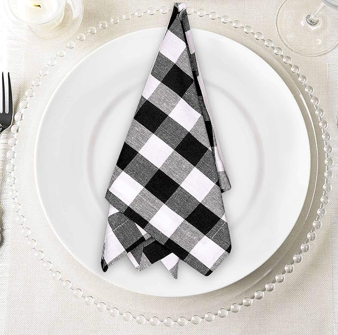 Napkins 100% Cotton Decorative Napkin Washable Gingham Buffalo Check Plaid Cloth Napkins Set of 12 for Home, Wedding, Restaurant, Buffet Party & Camping - Black White (18”X18”)