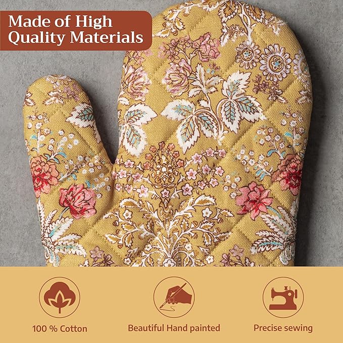 Maison d'Hermine Oven Gloves 100% Cotton Oven Mitt 7" x 13" with Loop Heat Resistant BBQ Cooking Gloves Baking Grilling Gifts for Mothers Day Spring/Summer (Pack of 1, Marquise)
