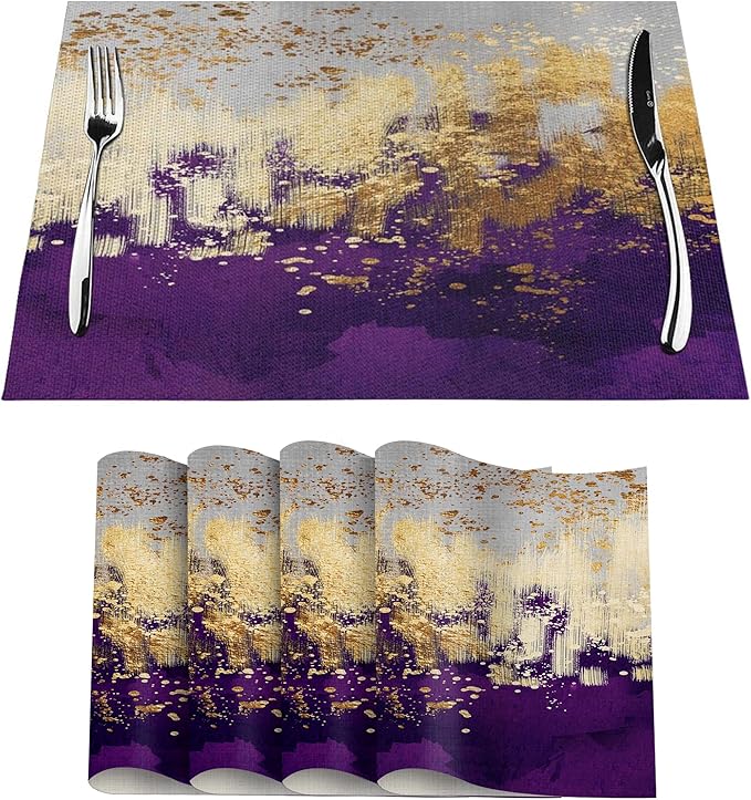 Purple Gold Abstract Linen Placemats Set of 4, Heat Resistant Wipeable Purple Place Mats for Kitchen Dining Table Holiday Wedding Party Outdoor Farmhouse Gardening, Kitchen Home Decor, 12 x 18 Inch