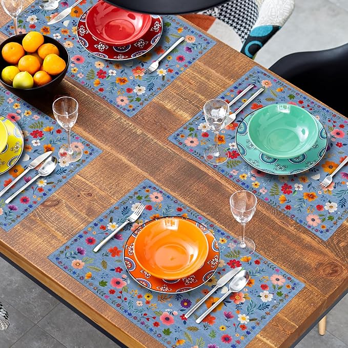 Blue Flowers Linen Placemats Set Spring Floral Table Mat for Women Kitchen Dining Decoration