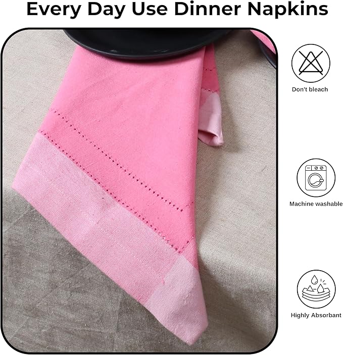 Bedding Craft Cotton Cloth Dinner Napkins Set of 12 – 20x20 Pink Multi Double Hemstitched – Machine Washable Fabric Napkins for Weddings, Parties & Dining Tables