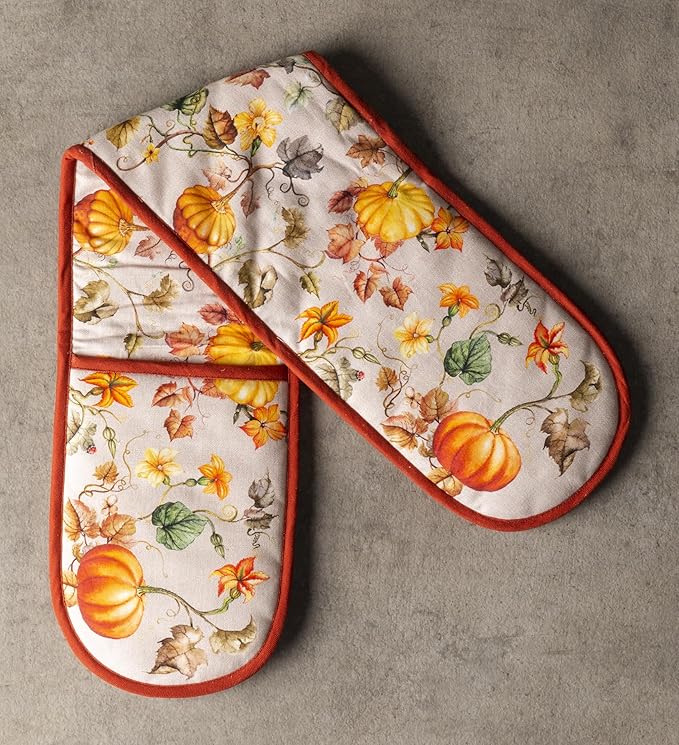 Maison d' Hermine Double Oven Mitt (7" x 35") 100% Cotton Heat Resistant BBQ Cooking Gloves with Loop for Thanksgiving Christmas Decorations Baking Cooking Barbeque Handling Hot Pan (Potiron)