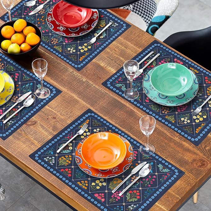 Dark Blue Flowers Placemat Set of 4 Wildflower Printed Place Mats for Women