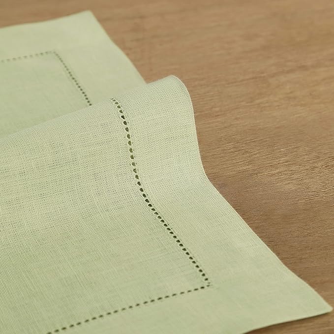 Solino Home Linen Cloth Placemats Set of 6-100% Pure Linen Hemstitch Sage Green Placemats 14 x 19 Inch - Classic Hemstitch Table Place Mats for Spring, Summer, Mothers Day