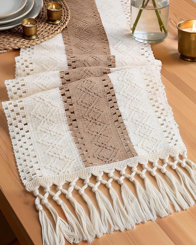 Pureegg Farmhouse Boho Table Runner - 72 Inches, Linen-Textured Woven Tassel Design for Dining Table Decor, Kitchen, Coffee Table & Living Room, 12 x 72 Inch, Brown