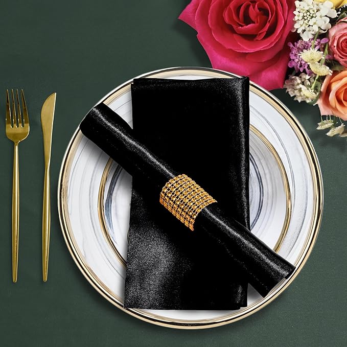 100 Pack Black Satin Napkins and Napkin Rings Set, 12 x 12 Inch Silky Soft Cloth Napkins Set of 50, Square Satin Dinner Table Napkins Bulk for Wedding Banquet Graduation Party Decoration