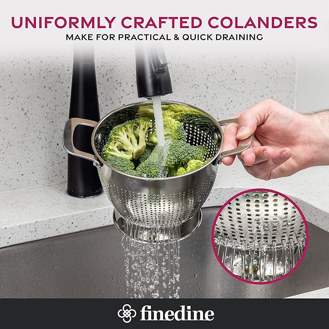 YH-Goods Stainless Steel Colander - 3-Piece Kitchen Sink Strainer Set for Pasta, Rice, Fruit, Food - Stackable Strainers and Colanders, (5-Quart, 3-Quart, and 1.5-Quart)