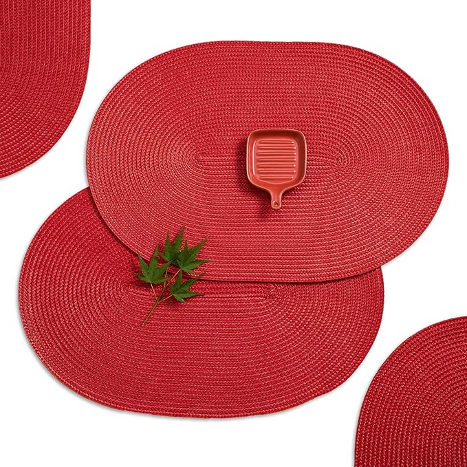 AHHFSMEI Placemats Set of 4 for Dining Table Washable Woven Non-Slip 18x12 inches Placemat Heat-Resistant Durable Table Mats for Dining Table Easy to Clean (Oval red, 4)
