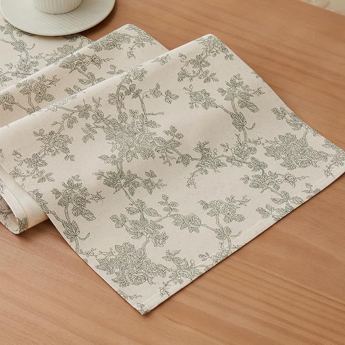 100% Cotton French Pastoral Table Runners, 13x36 Inch Green Farmhouse Table Runners 36 Inches Long, Vintage Flowers Print Home Decors