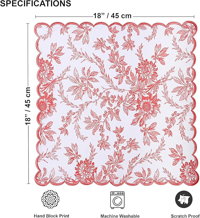 Ridhi Hand Block Print Peach Coral 18" x 18" (Set of 4) Embroidery Table Napkins Reusable Cotton Dinner Napkins for Weddings, Parties, Everyday Dining Gift for Spring, Easter, Valentine