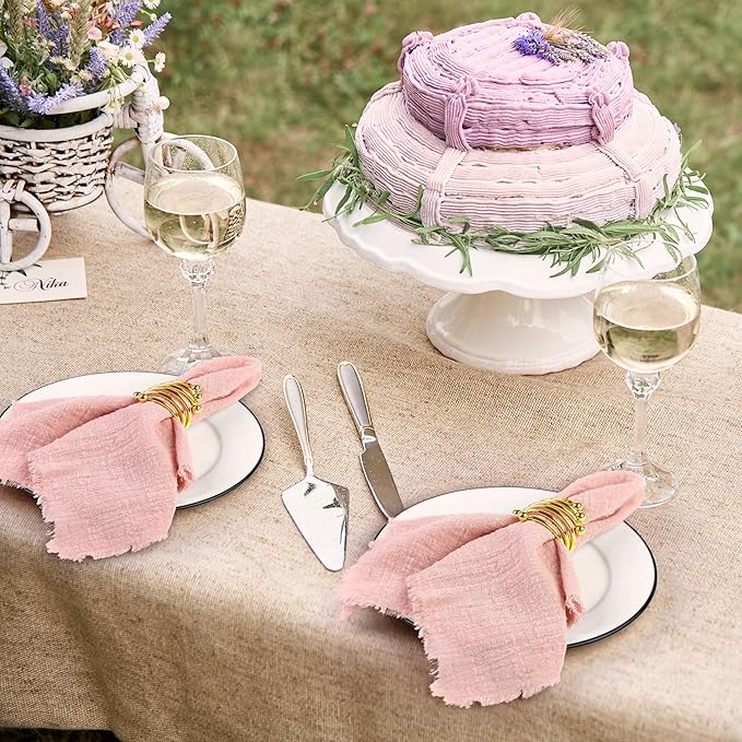 TURSTIN 24 Pieces Cotton Linen Cloth Napkin Handmade Cloth Napkin with Fringe 17 x 17 Inch Soft Cloth Dinner Wedding Napkin Square Rustic Fringe Table Napkin for Dinners, Parties, Weddings, Dusty Pink