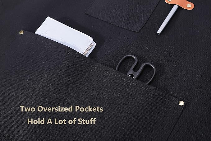 AFUN Chef Aprons for Women Men with Oversized Pockets, 12-Ounce Cotton Canvas Cross Back Water Repellent Apron (Black)