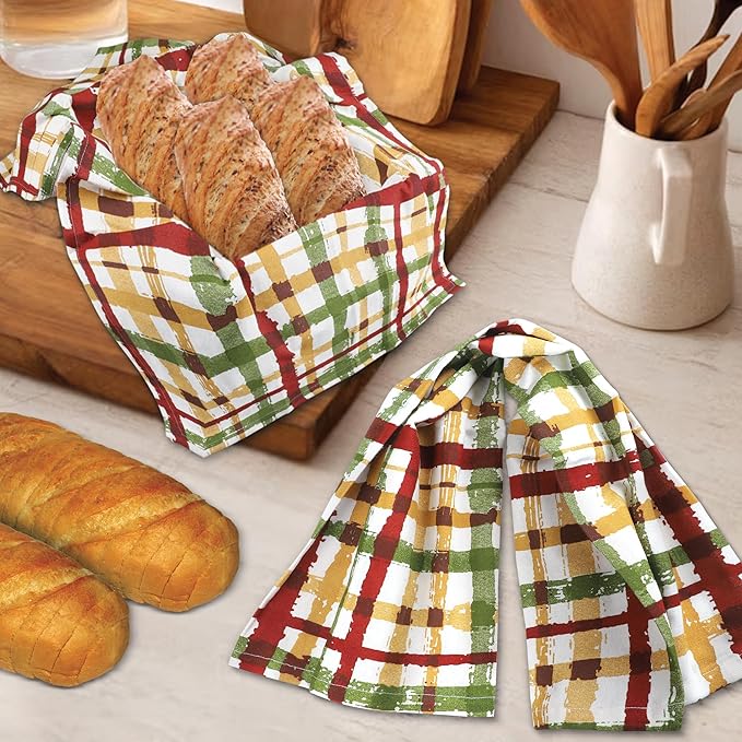 Urban Villa Kitchen Towels 100% Cotton Dish Towels for Kitchen (Set of 6) 20”x30” Dish Cloths Highly Absorbent Kitchen Linen Set with Hanging Loop Perfect for Drying Dishes Cleaning – Fall Checks